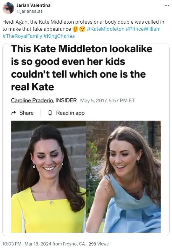 还有网友强烈怀疑是凯特那个著名的叫heidi agan的替身:"短短几周能