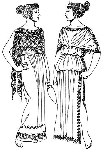 古希腊多利安式希顿（左）和爱奥尼亚式希顿（右） 资料图片