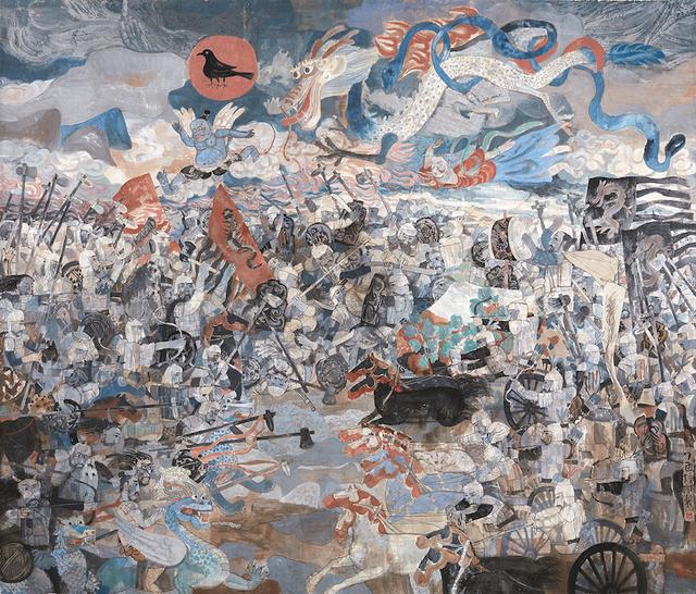 张培成 涿鹿大战 纸本设色 313×364cm 2017年展览现场 《郑和下西洋