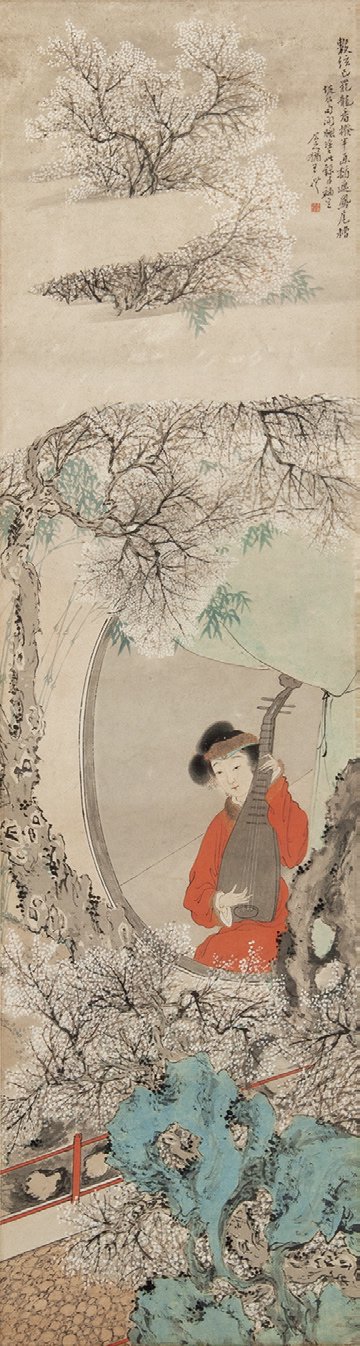 苏州博物馆收藏的清代王礼的《琵琶仕女图》,画面用色鲜艳,前后层次
