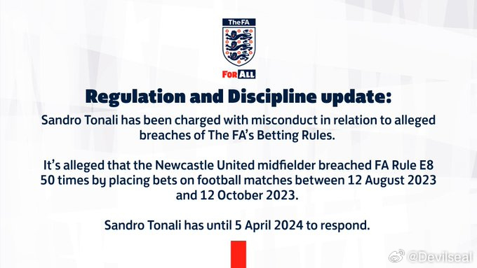 英足总指控托纳利的违规事实。