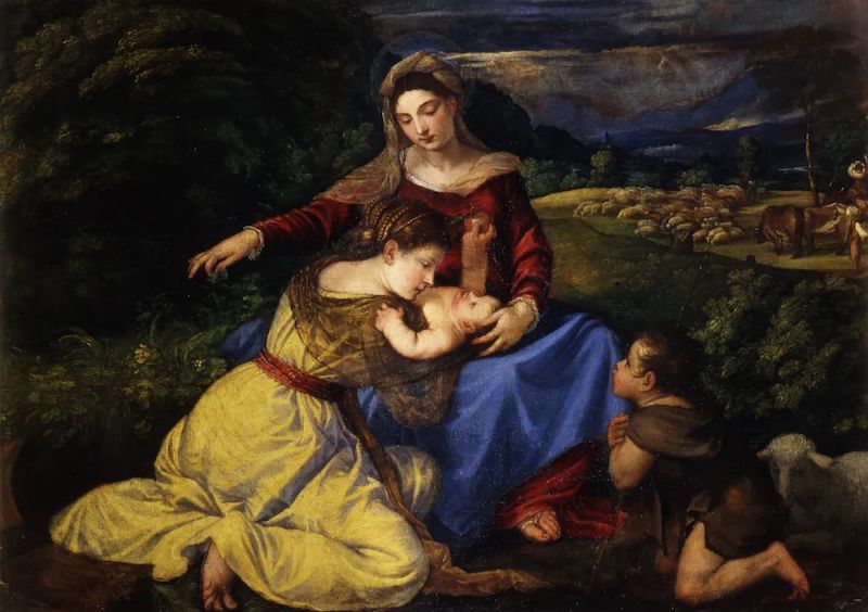提香与工作室 《圣母子与亚历山大的圣凯瑟琳和圣约翰》，1545年
