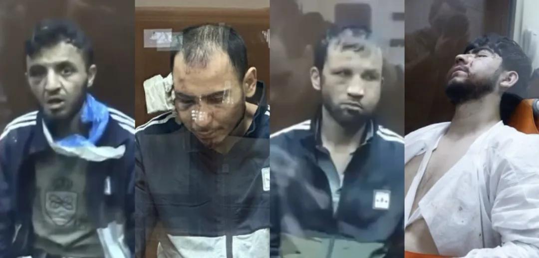 从左至右四名嫌犯分别是：米尔佐耶夫、拉恰巴利佐达、法里杜尼和法伊佐夫。图自央视