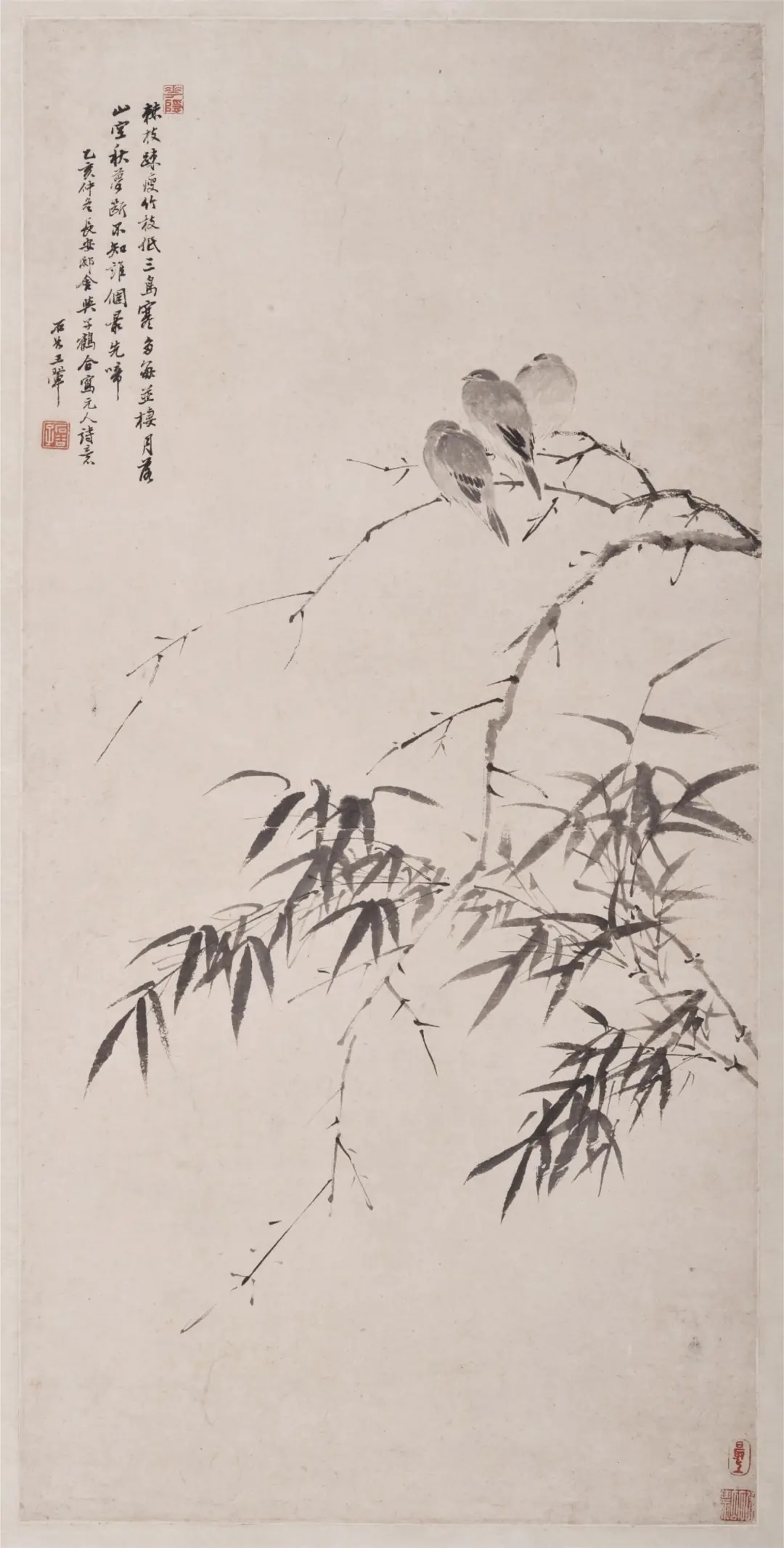 王翬&nbsp;,杨晋,《瘦竹栖鸟图轴》 纸本&nbsp;墨笔&nbsp;常熟博物馆