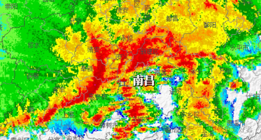 事发时南昌的气象雷达图,颜色非常鲜艳!