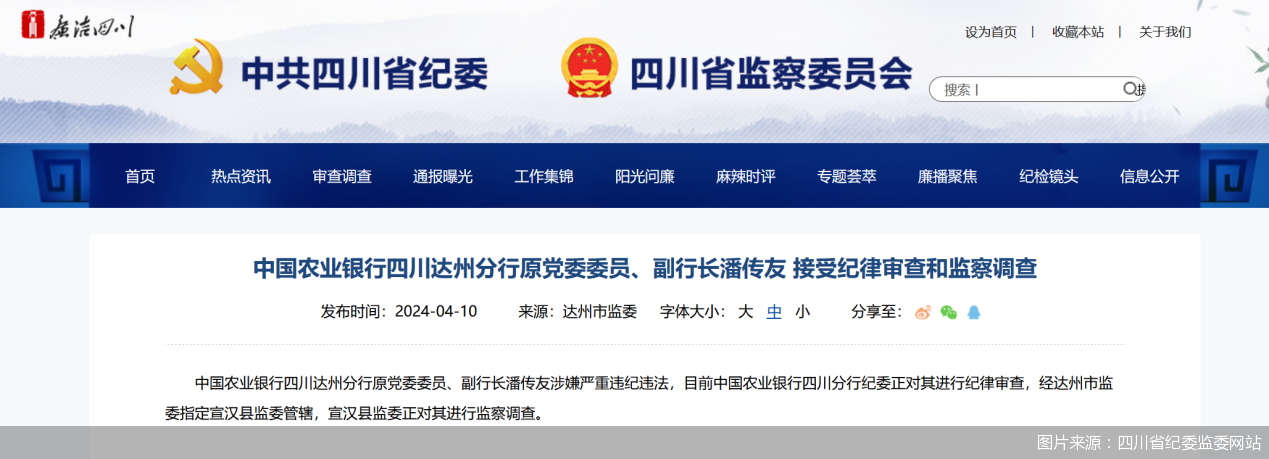 农业银行四川达州分行原党委委员,副行长潘传友接受纪