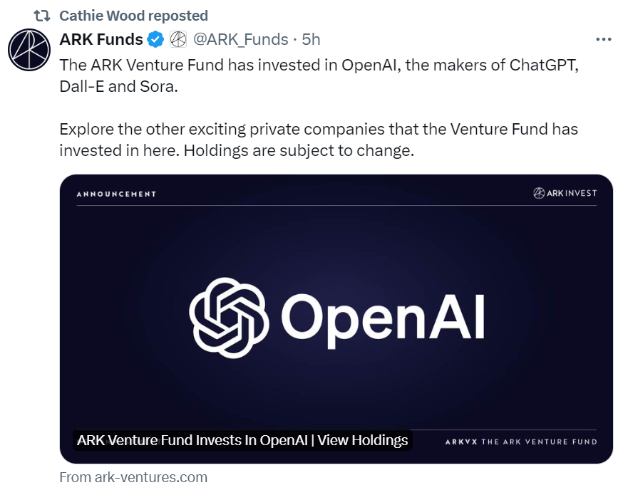 ARK方舟基金晓谕已投资OpenAI。开首：X平台
