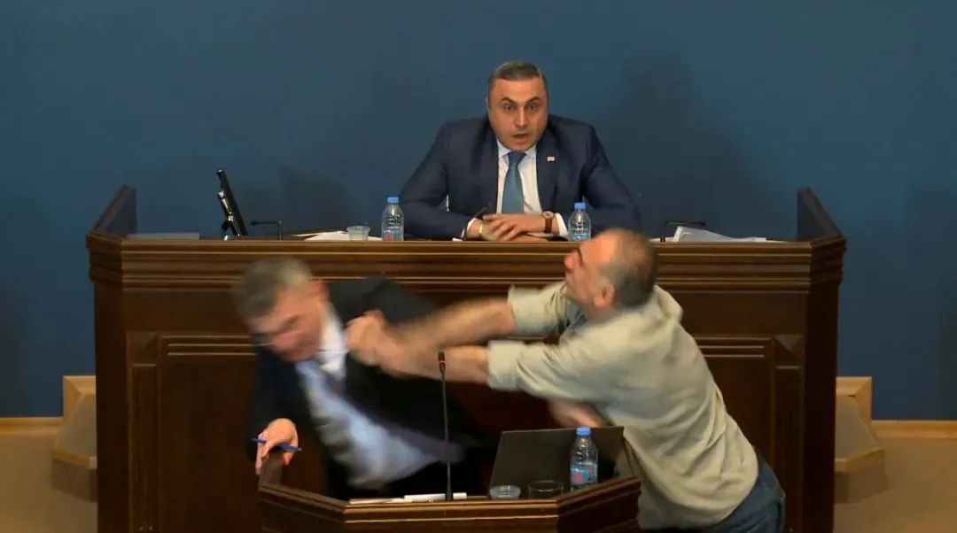 视频截图显示，4月15日，两名议员在格鲁吉亚议会发生肢体冲突。（路透社）