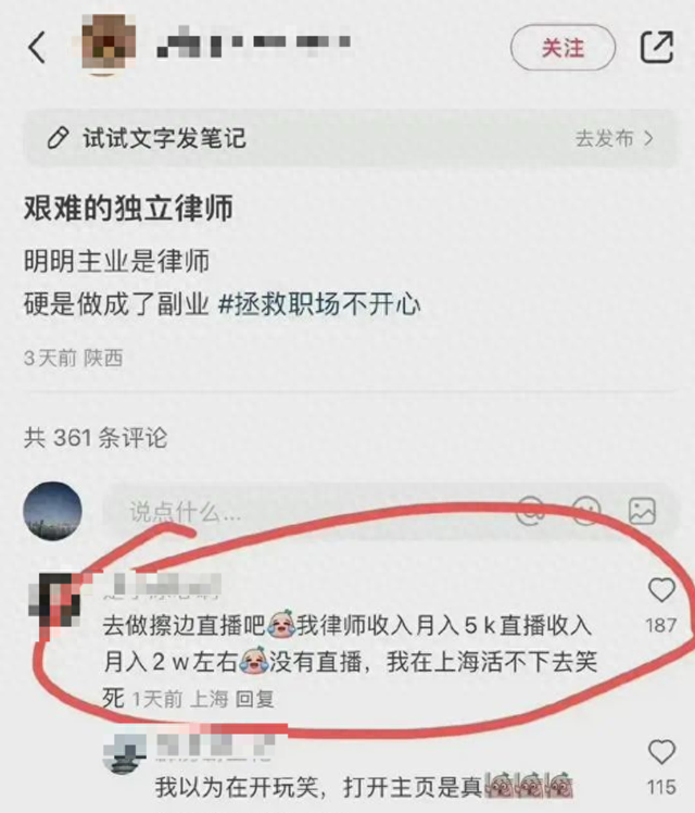 网传截图显示，评论区有网友发表评论称“去做擦边直播吧，我律师收入5K，直播收入2W左右，没直播在上海活不下去”。
