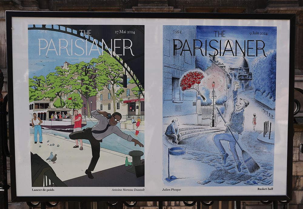 这是4月23日在法国巴黎市政厅附近拍摄的“巴黎城里的体育运动”主题海报。