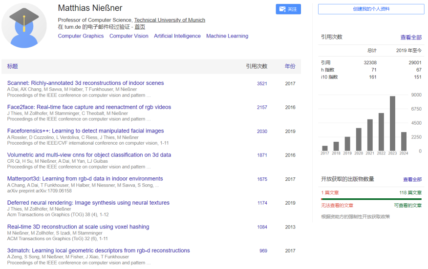 图 | 马蒂亚斯·尼斯纳（Matthias Niessner）的谷歌学术首页（来源：谷歌学术）