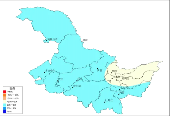 黑龙江省 2024 年 4 月下旬至 5 月中旬降水量距平百分率预测图（%）