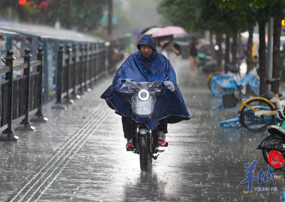 4月26日早晨，广州市民风雨中骑车赶着出门。羊城晚报记者 梁怿韬 摄
