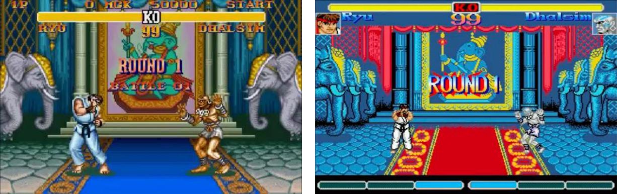 图4  超级红白机版《街头霸王II》（卡普空, 1992年）和《超级街头霸王II NES》（M.U.G.E.N, 2011年）
