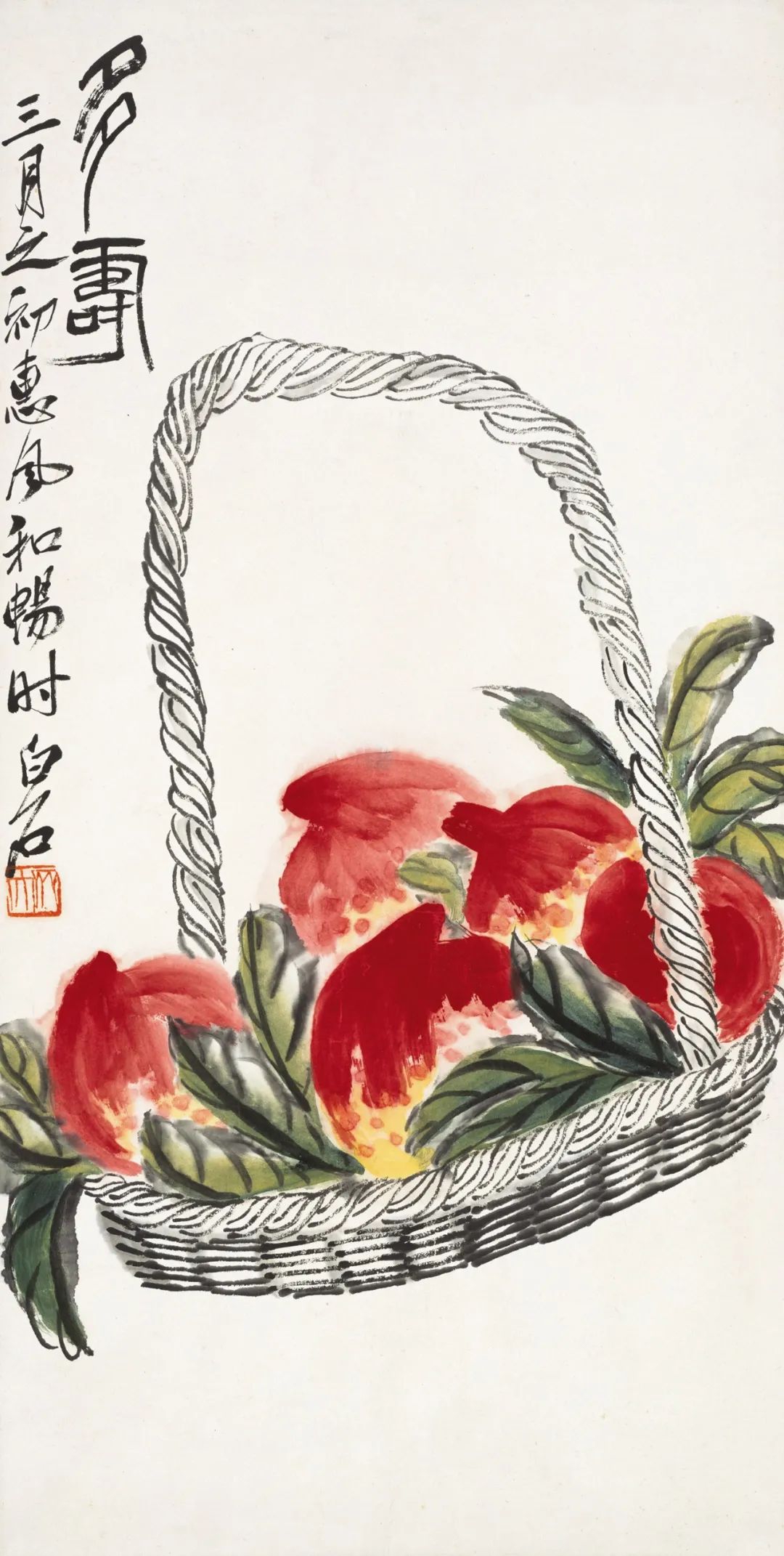 多寿 齐白石 纸本设色 68.5cm×34cm 无年款 北京画院藏 题款：三月之初，惠风和畅时。 白石。 钤印：齐大(朱文)
