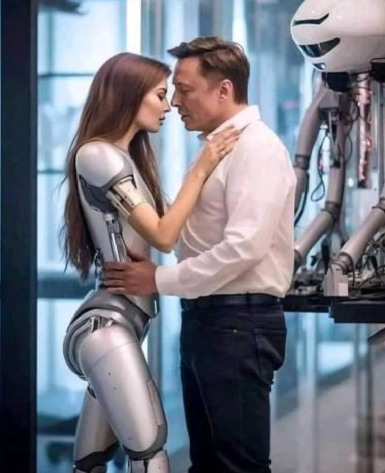 AI 生成的图片“马斯克与机器人女友”，图片截取自X（原推特）