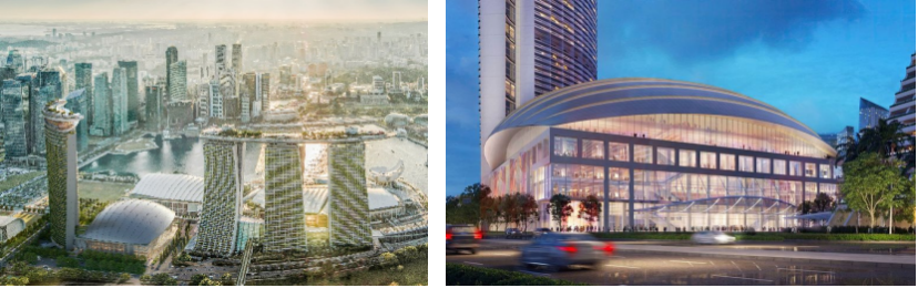 扩建场地的艺术效果图，展现新豪华酒店塔楼和可容纳 15,000 人的大型娱乐场馆