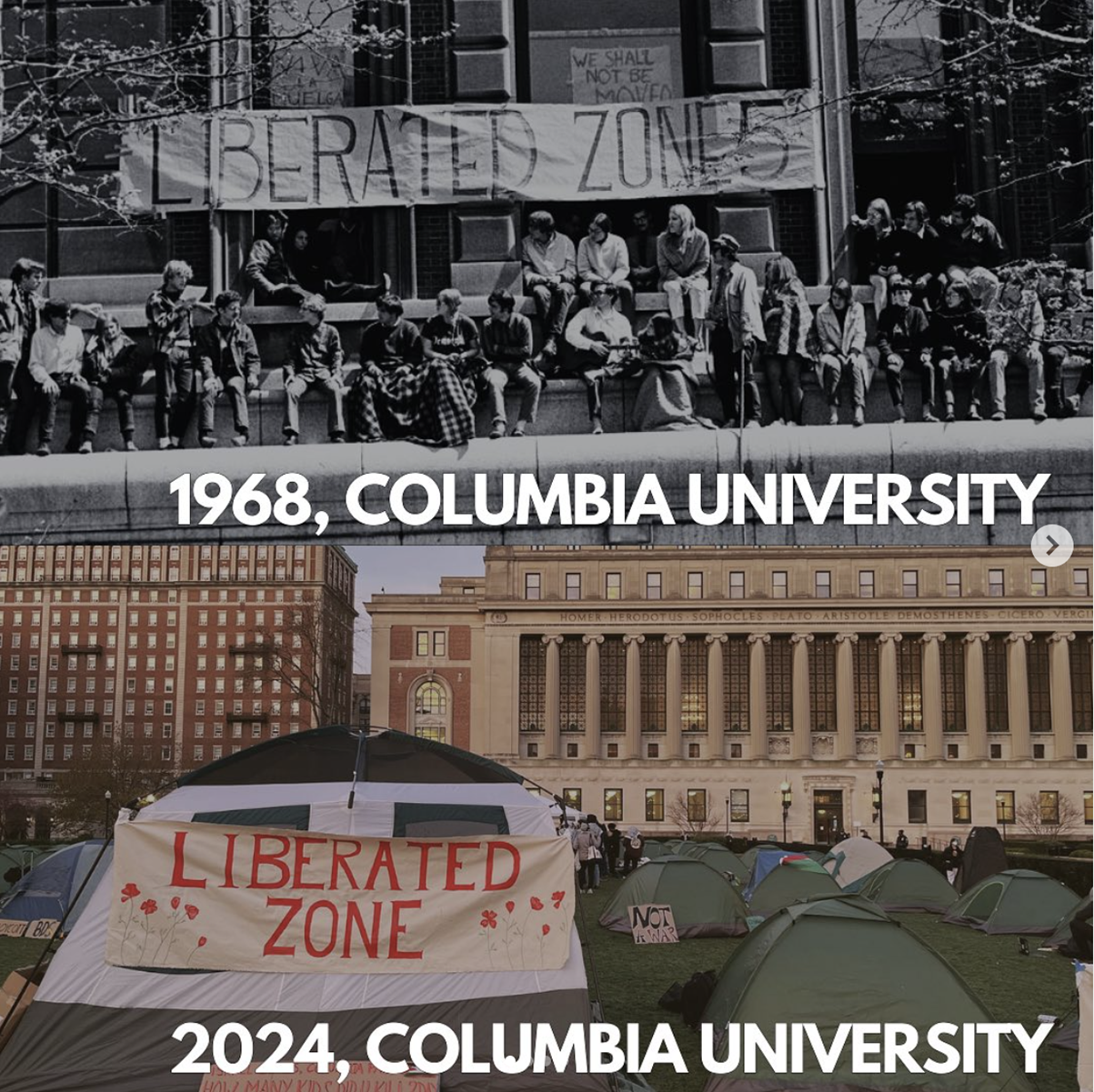 1968年与2024年哥大学生运动的对比图（来源：SJP社交媒体账号）