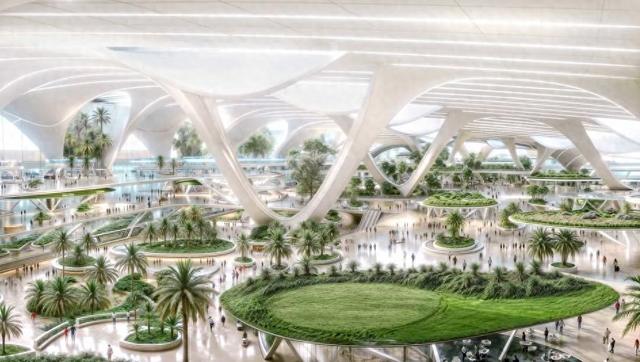 这幅由迪拜提供的艺术渲染图：展示了阿勒马克图姆国际机场的规划