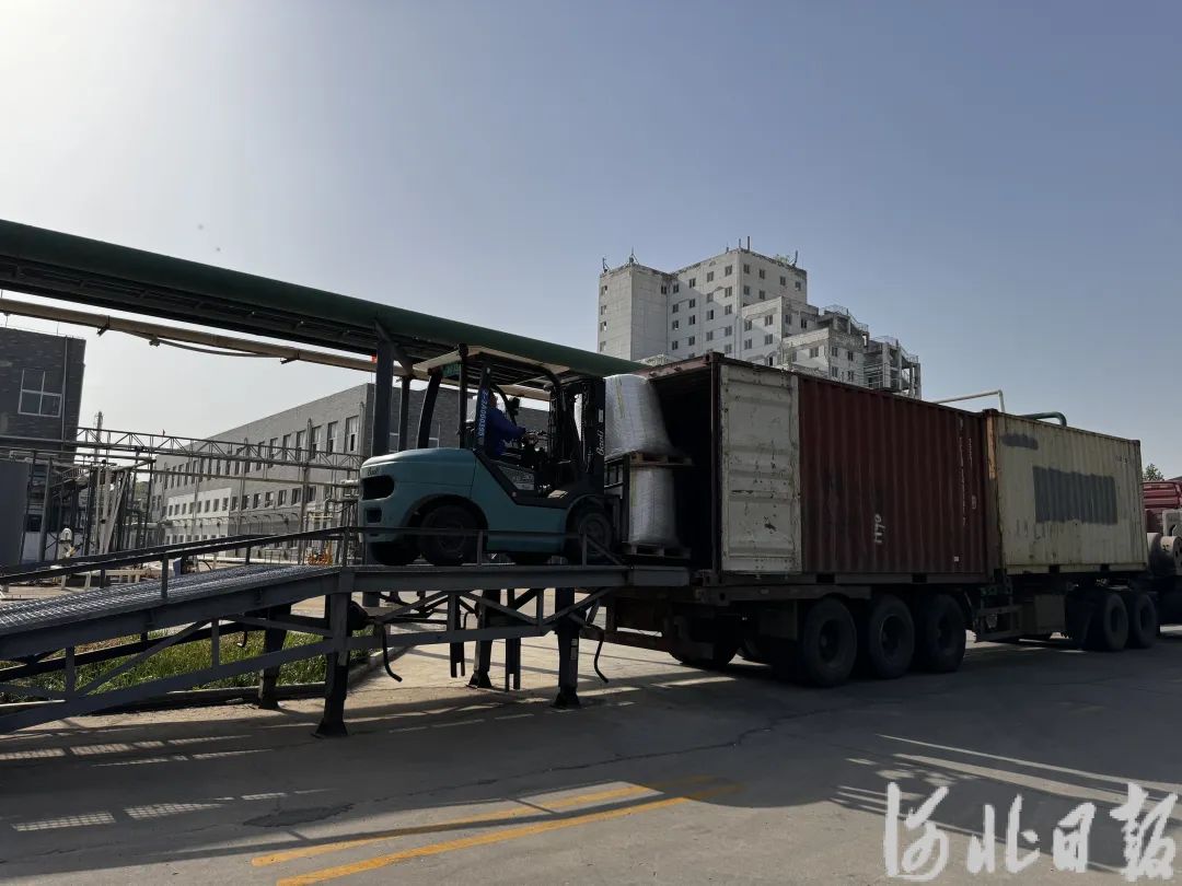 4月25日，石家庄东华金龙化工有限公司，工人正将工业级甘氨酸装入货车，运抵天津港发往德国。
