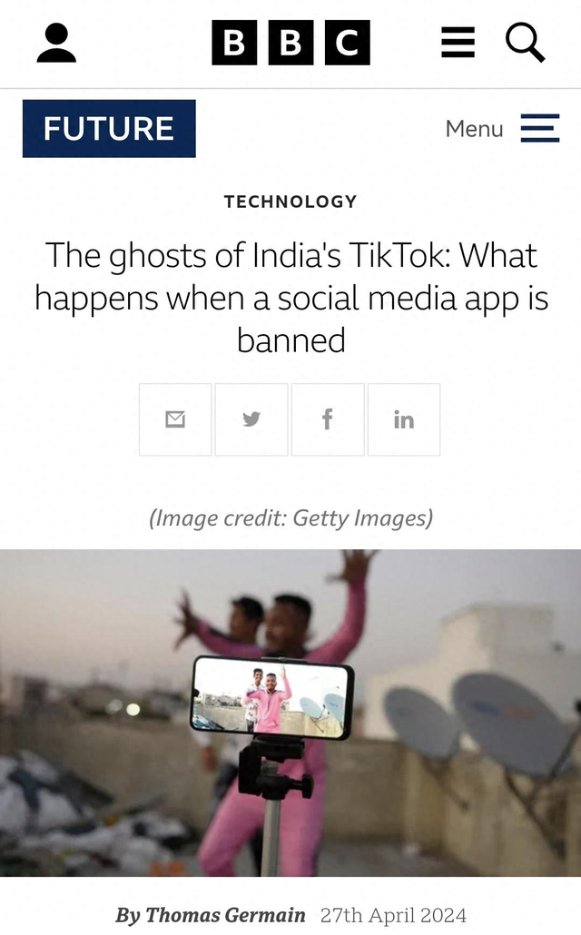BBC报道《印度封禁TikTok的阴霾：社交媒体被禁后会发生什么》截图