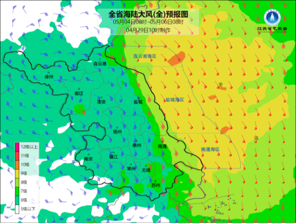 江苏省5月4日08时-6日08时海陆极大风预报图