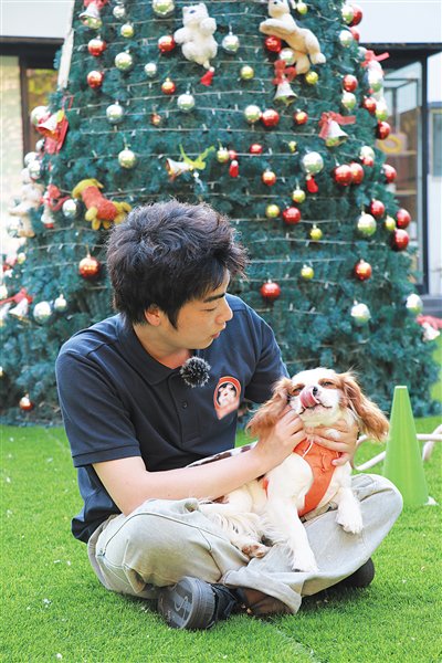 陈浩然和宠物酒店的狗狗“王子”。新京报记者 景如月 摄