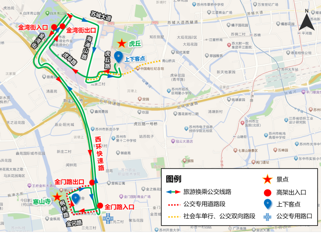 寒山寺景区公交衔接示意图(二)寒山寺景区—拙政园景区线路循环线路