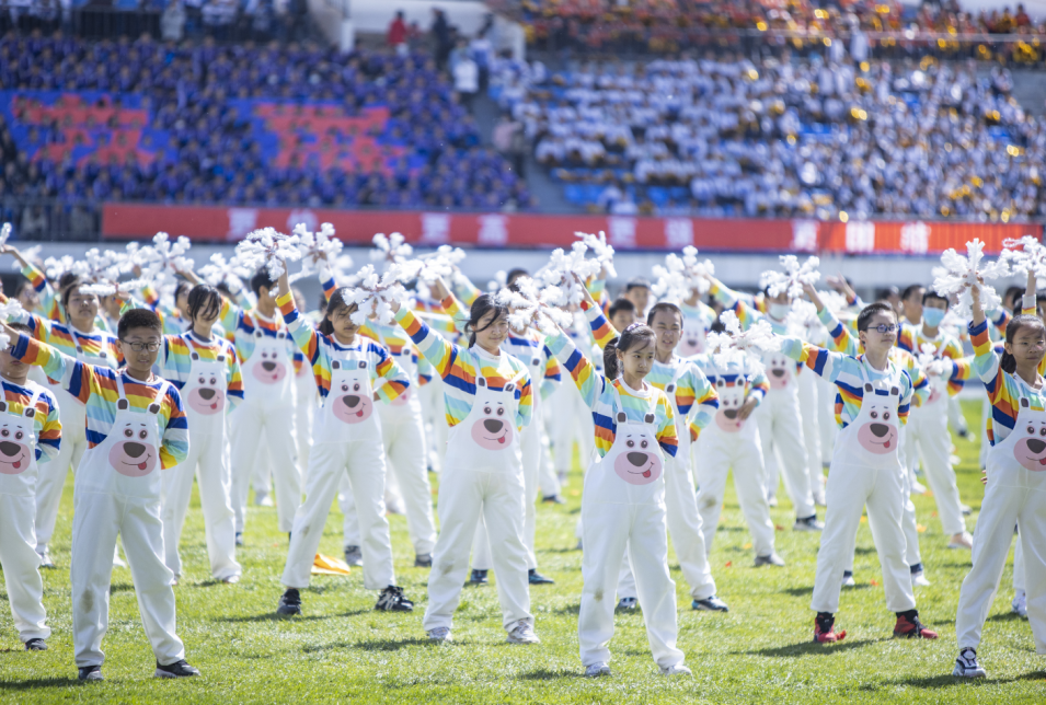 迎来阵阵掌声双色旗帜和扇子的交替变化,呈现出的艺术字表达了师生们