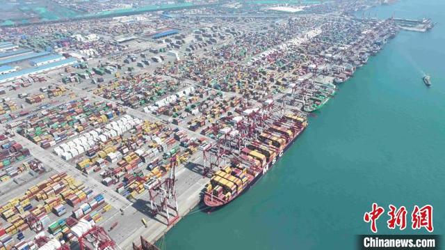 5月1日，多艘大型货轮在山东港口青岛港码头停泊装卸货物。(无人机照片)薛景文 摄