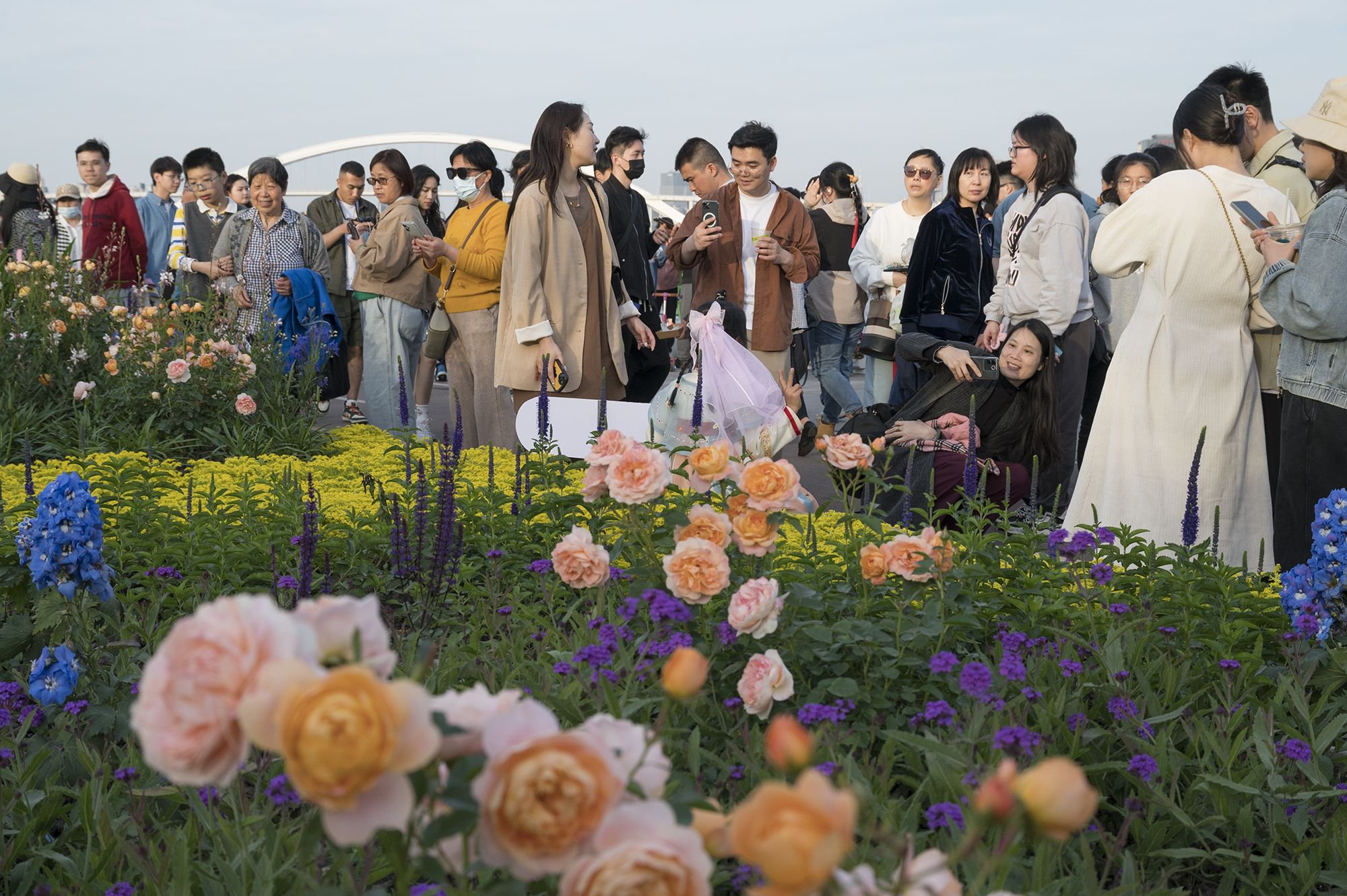 2024年5月1日，上海徐汇滨江。上海国际花展在徐汇滨江举行，花坛前站满了前来赏花打卡的游人。澎湃新闻记者 吴栋 图