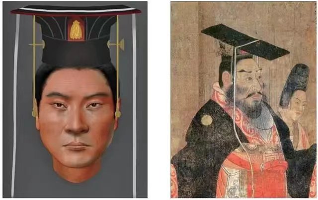 左为宇文邕面貌基因复原图，右为唐代阎立本绘制的《历代帝王图》中宇文邕形象。图片来自 陕西省考古研究院