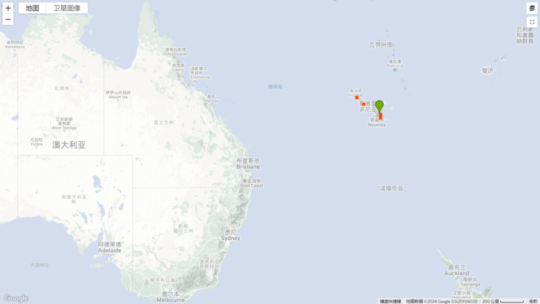 右边的绿色标志是发现Pycnandra acuminata树的位置（图片来源：Google map）