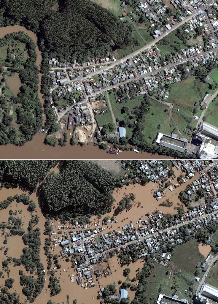 当地时间2024年5月7日，巴西南里奥格兰德州， Taquari河洪水前(上)后(下)对比图。
