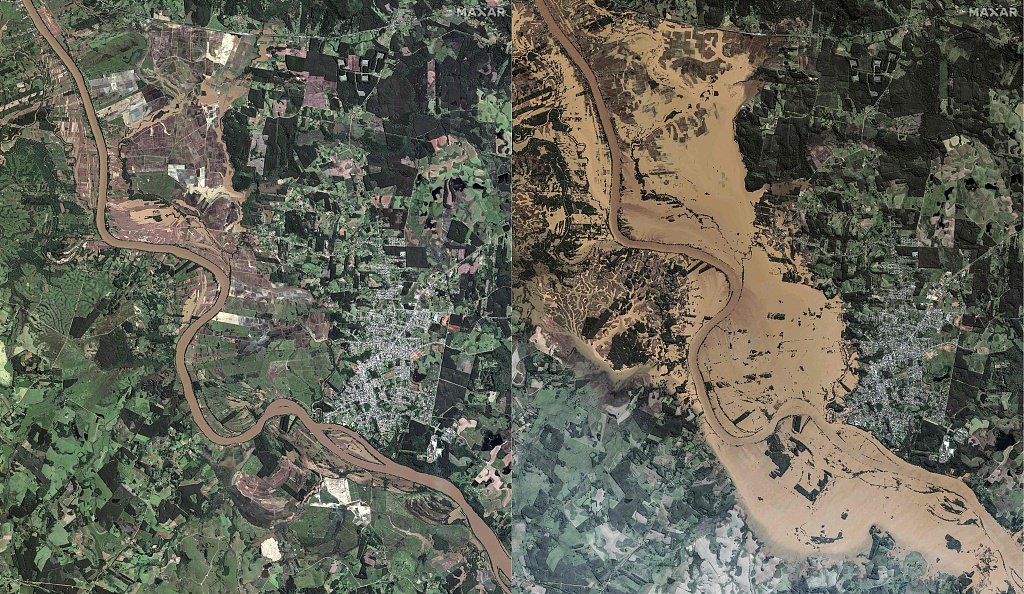 当地时间2024年5月7日，卫星图像显示了巴西南里奥格兰德州Taquari河的洪水前（左）和后（右）对比图。