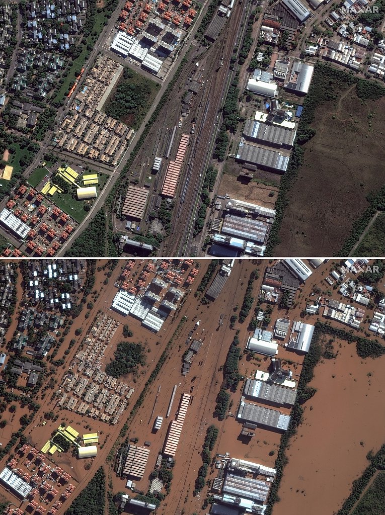 当地时间2024年5月7日，巴西阿雷格里港，机场北部的火车站和建筑物被洪水淹没，洪水前（上）后（下）的对比。