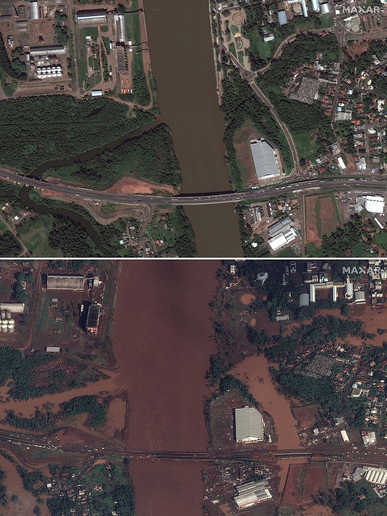当地时间2024年5月7日，巴西埃斯特雷拉，Taquari河和386高速公路大桥洪水前（上）后（下）对比图。