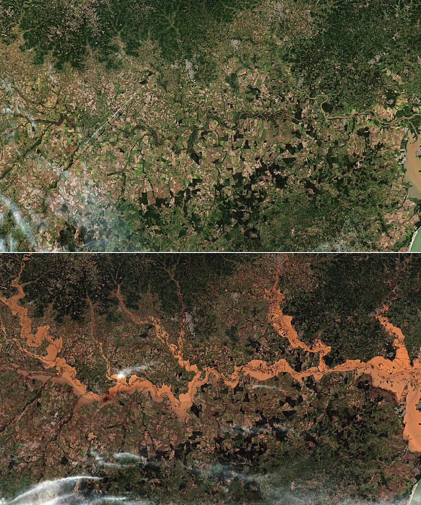 当地时间5月7日，巴西南里奥格兰德州，Jacui河洪水前(上)和洪水后(下)的卫星画面对比。