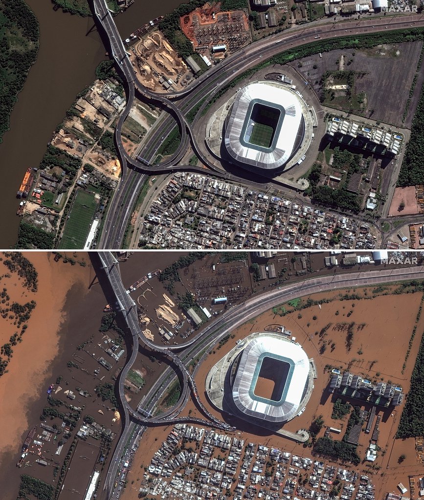 当地时间2024年5月7日，巴西阿雷格里港，格雷米奥竞技场附近地区的洪水前（上）后（下）对比图。