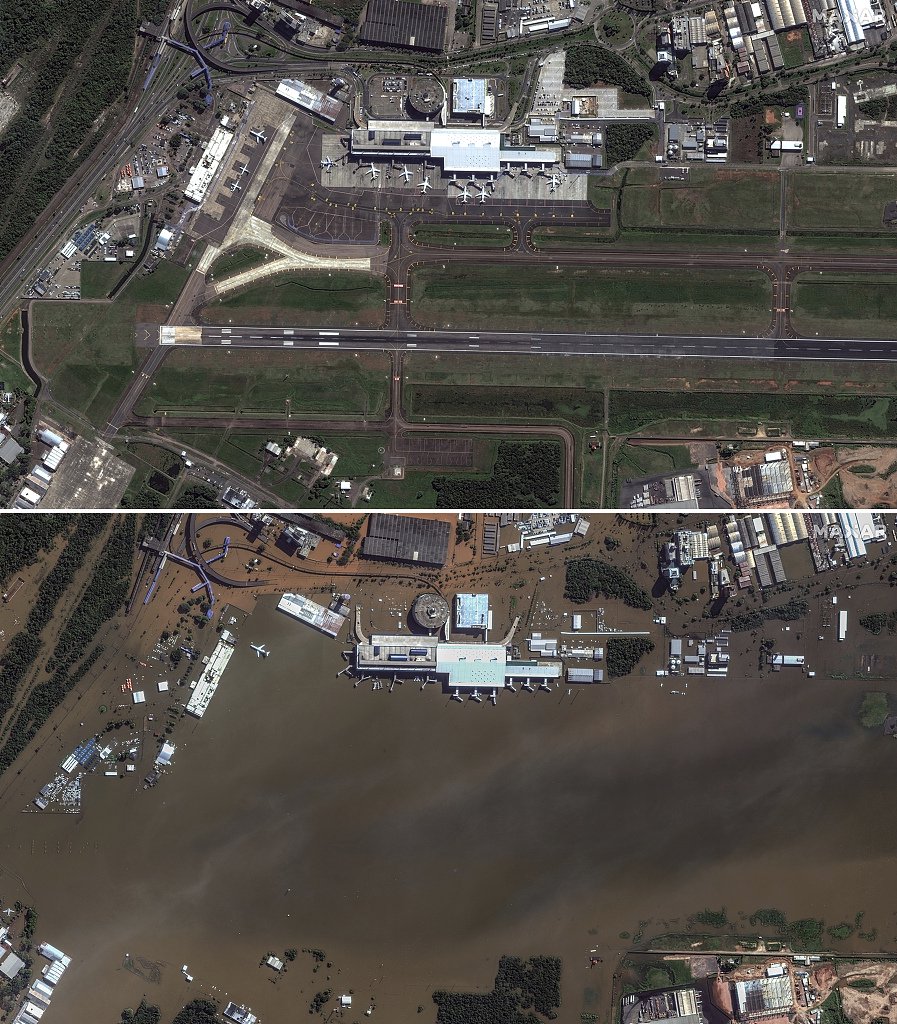 当地时间2024年5月7日，巴西阿雷格里港，萨尔加多菲略国际机场洪水前（上）后（下）的景象。
