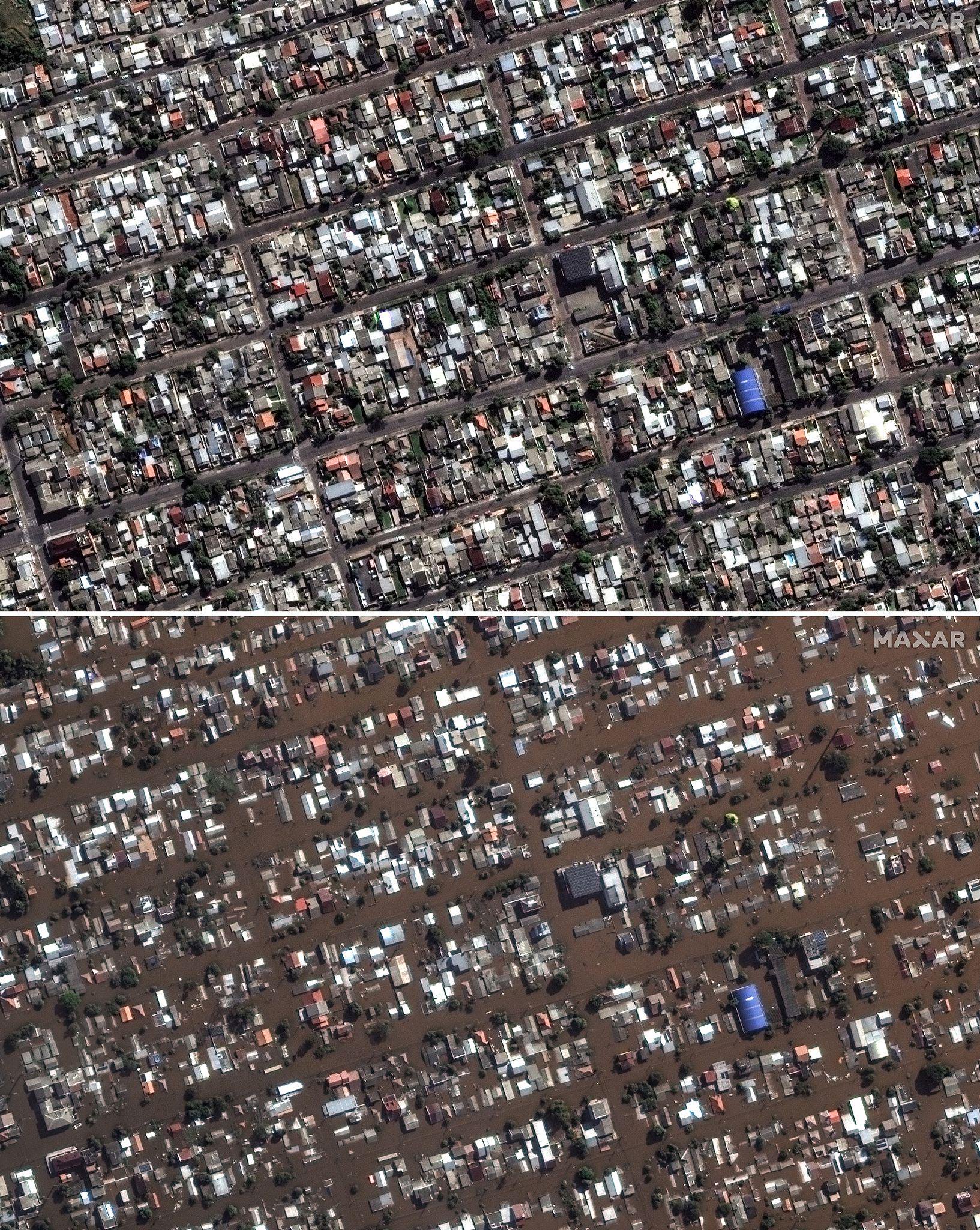 当地时间2024年5月7日，巴西阿雷格里港，洪水淹没房屋和社区的前（上）后（下）对比图。