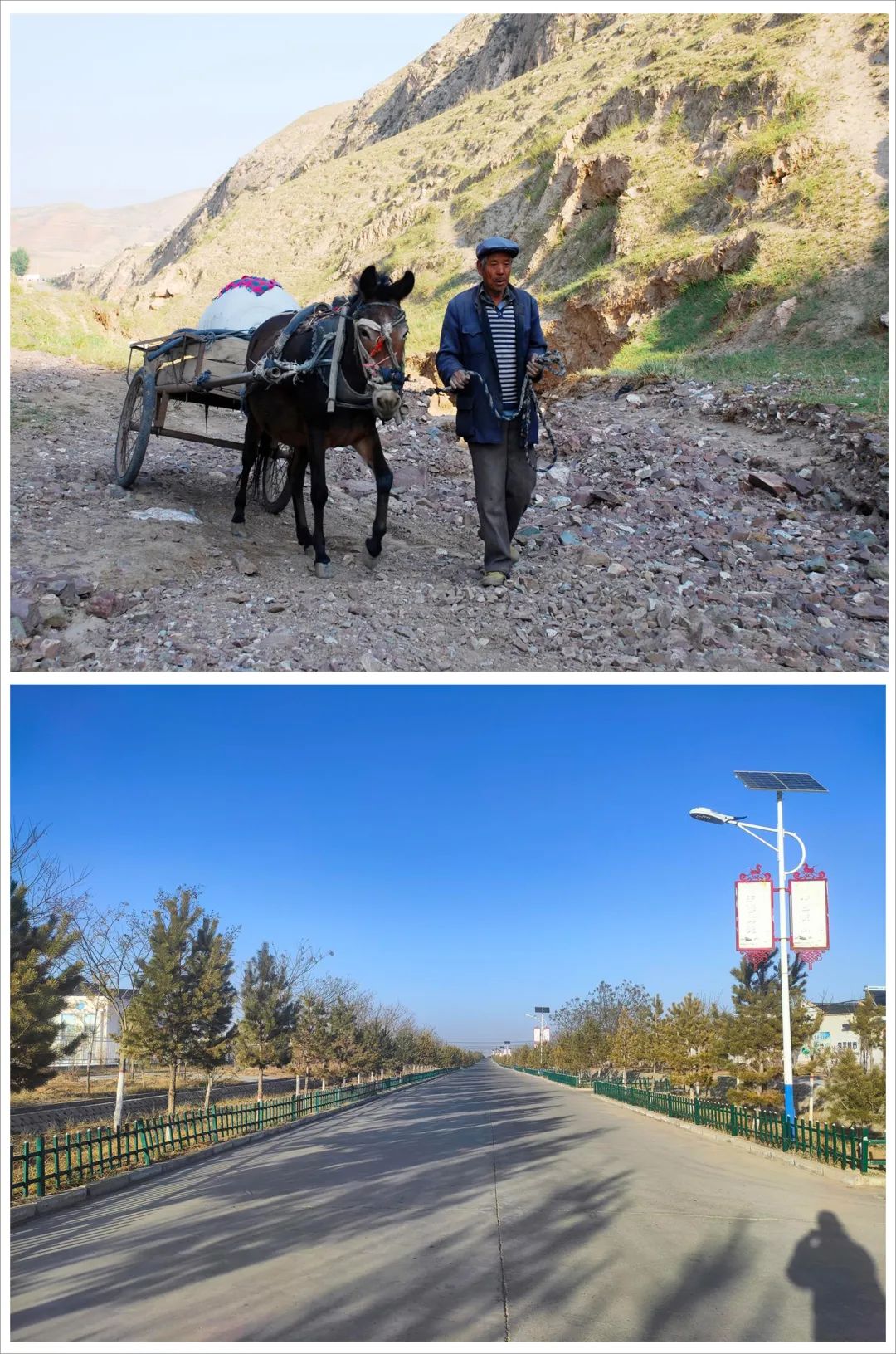 △拼版图片：上世纪90年代末的古浪县南部山区山路（上）。如今的黄花滩生态移民区富民新村道路（下）。