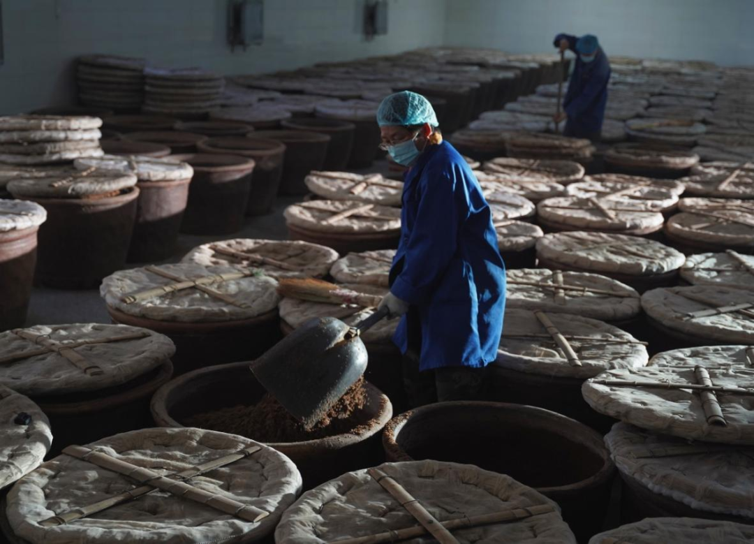 在宁化府醋业生产车间蒸料区，工作人员正在进行翻料作业。