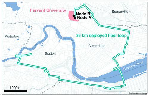 通过美国马萨诸塞州剑桥和波士顿的双节点量子网络路径的地图。图片来源：哈佛大学