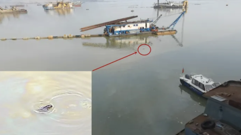 3月24日，督察组暗查发现，违规疏浚船只发生漏油事故，一头小江豚被困油污区域（来源：“生态环境部”微信公众号）