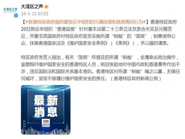 香港特区政府强烈谴责反华组织的污蔑抹黑和挑拨离间行为