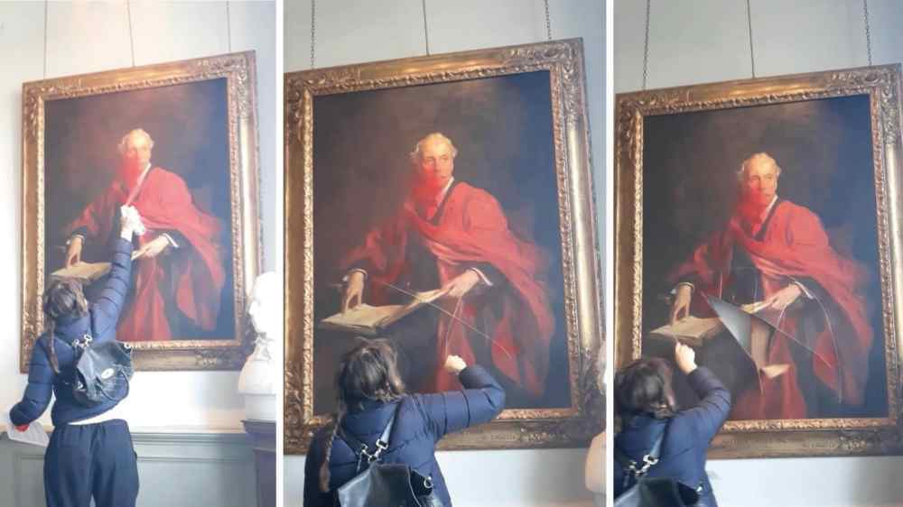 巴勒斯坦行动组织对剑桥大学三一学院内的贝尔福画像进行了喷漆抗议.