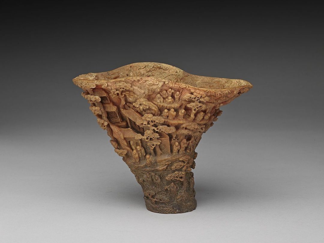 清 乾隆 犀角雕瑶池集庆杯立体环绕的海上仙山楼阁清宫对于楼阁建筑的