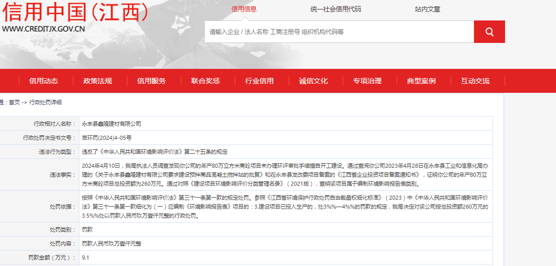 永丰县鑫隆建材有限公司被罚款9.1万元|吉安市_新浪财经_新浪网