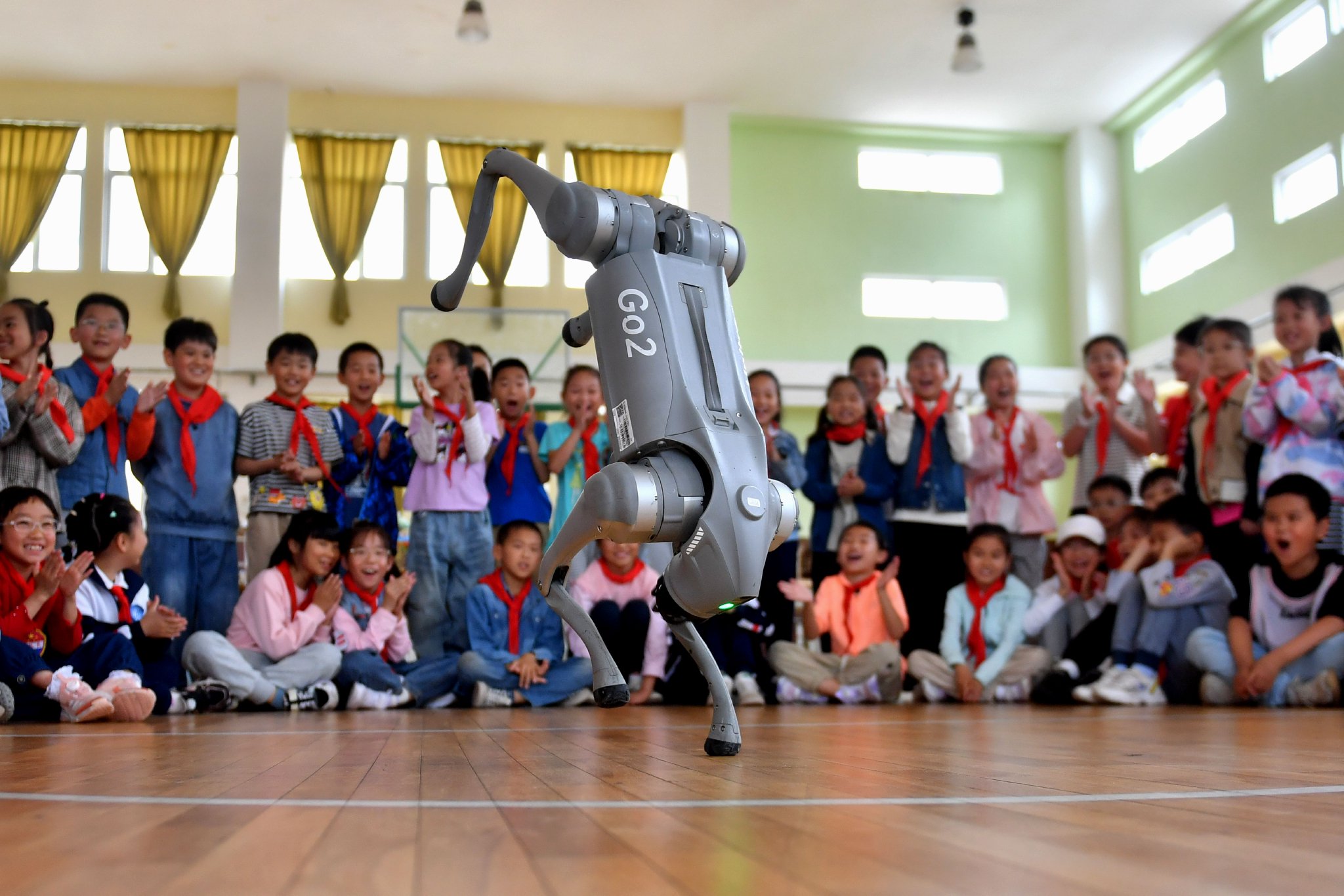 5月30日,青岛市市北区上清路小学的学生们观看仿生机器狗表演.